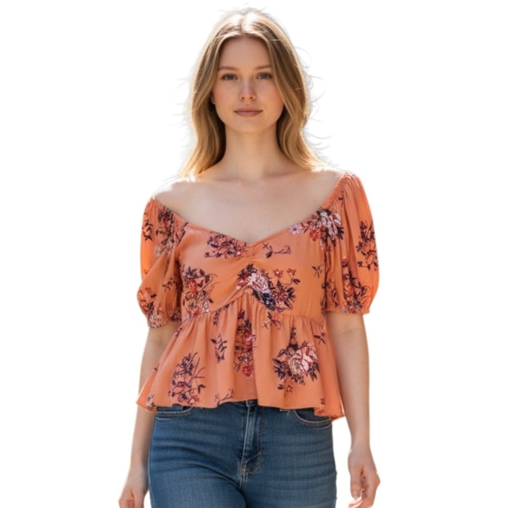 Abound‎ Puff Sleeve Babydoll Top, Color Peach Floral, Size XL
